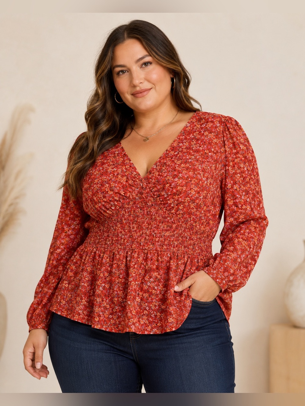 Lane Bryant Red Ditsy Floral Stretch Mesh Smocked Peplum Blouse Plus 14/16